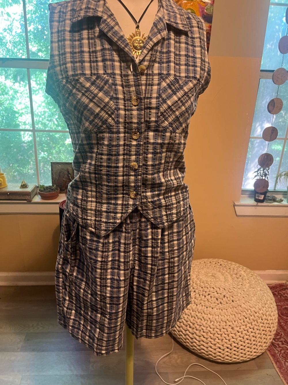 Y2K Plaid Sleeveless Button front 2 piece short set elastic waist - Blue/White
